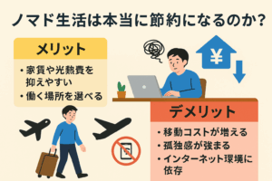 ノマド生活と節約の関係を示すイメージ