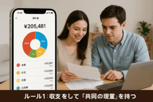 家計簿アプリで二人の支出を共有するイメージ